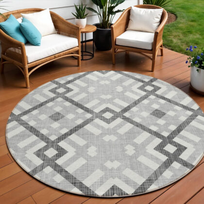 8' Gray Charcoal And Ivory Round Geometric Washable Indoor Outdoor Area Rug