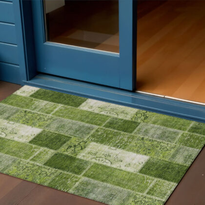 3' X 5' Olive Green And Artichoke Green Patchwork Washable Indoor Outdoor Area Rug