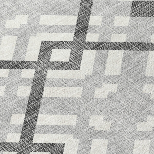 8' Gray Charcoal And Ivory Round Geometric Washable Indoor Outdoor Area Rug