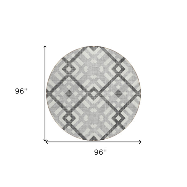8' Gray Charcoal And Ivory Round Geometric Washable Indoor Outdoor Area Rug