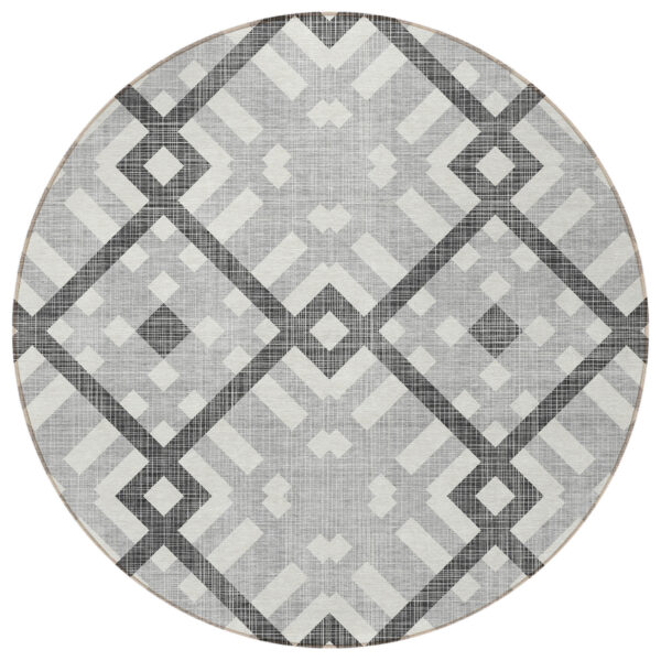 8' Gray Charcoal And Ivory Round Geometric Washable Indoor Outdoor Area Rug