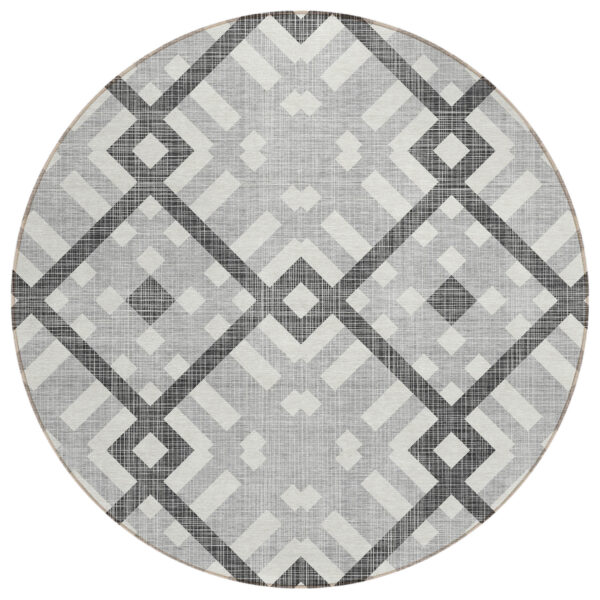 8' Gray Charcoal And Ivory Round Geometric Washable Indoor Outdoor Area Rug