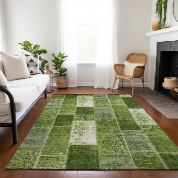 3' X 5' Olive Green And Artichoke Green Patchwork Washable Indoor Outdoor Area Rug