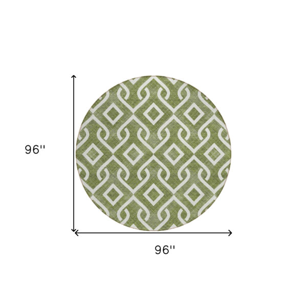 8' Olive Green And Ivory Round Geometric Washable Indoor Outdoor Area Rug