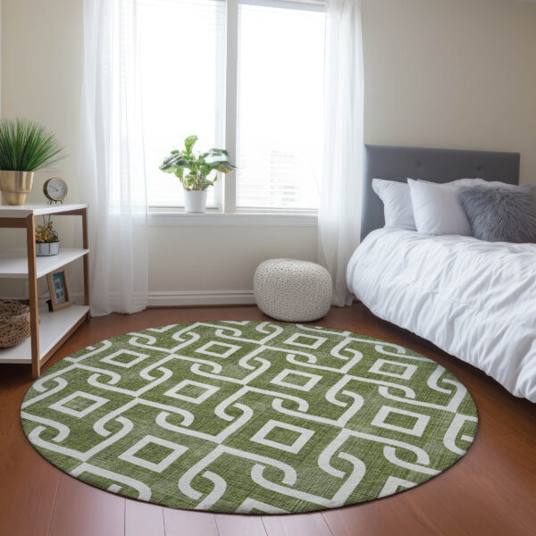 8' Olive Green And Ivory Round Geometric Washable Indoor Outdoor Area Rug