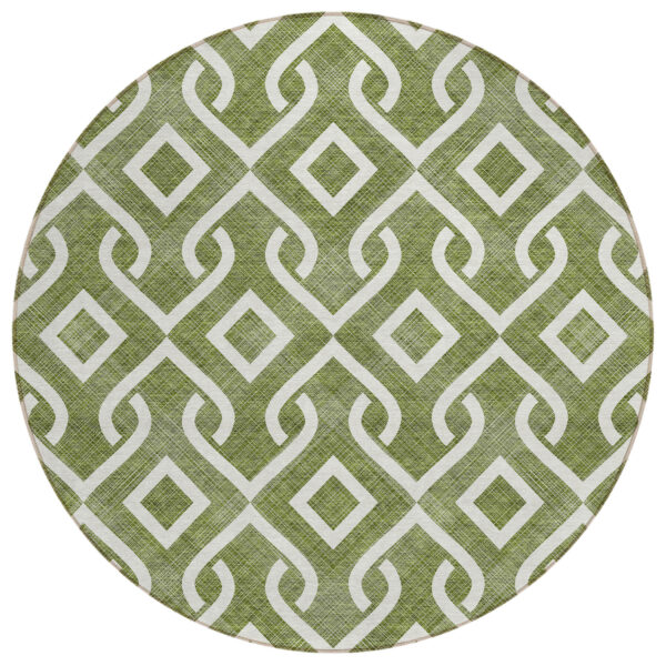 8' Olive Green And Ivory Round Geometric Washable Indoor Outdoor Area Rug