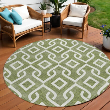 8' Olive Green And Ivory Round Geometric Washable Indoor Outdoor Area Rug