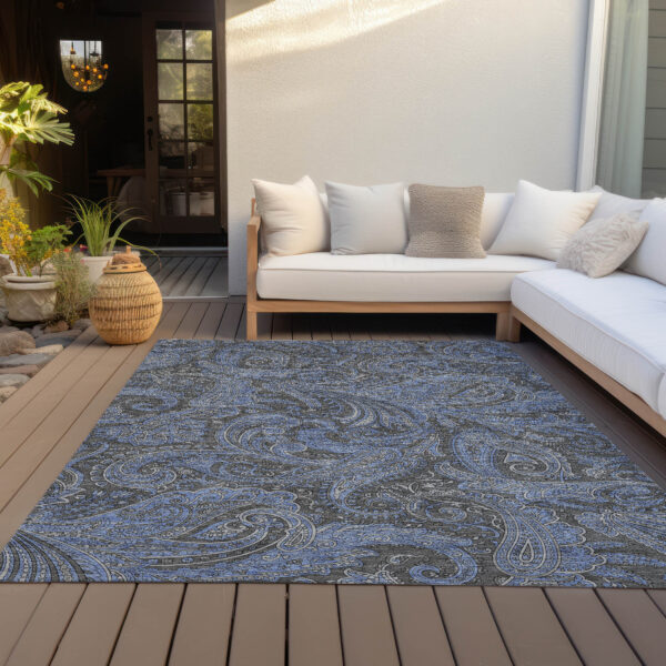9' X 12' Charcoal Gray And Blue Paisley Washable Indoor Outdoor Area Rug