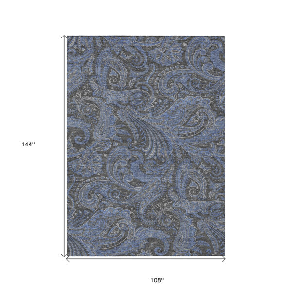 9' X 12' Charcoal Gray And Blue Paisley Washable Indoor Outdoor Area Rug