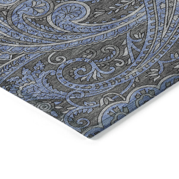 9' X 12' Charcoal Gray And Blue Paisley Washable Indoor Outdoor Area Rug