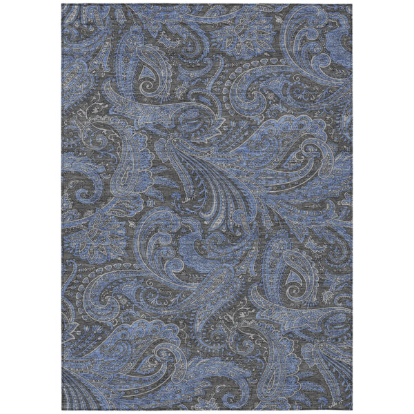 9' X 12' Charcoal Gray And Blue Paisley Washable Indoor Outdoor Area Rug