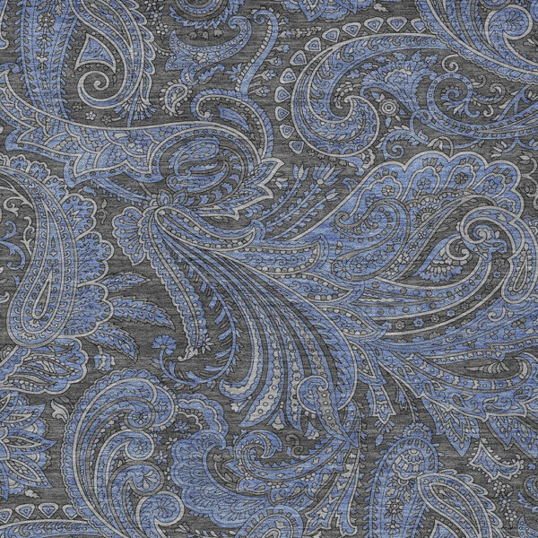 9' X 12' Charcoal Gray And Blue Paisley Washable Indoor Outdoor Area Rug