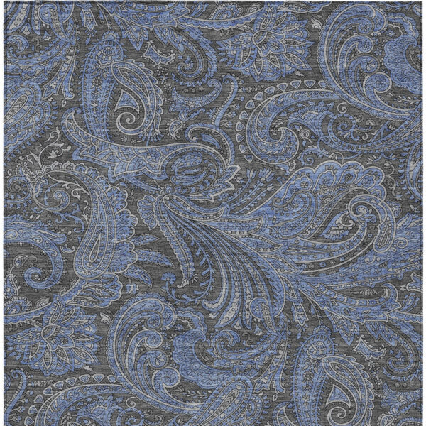 9' X 12' Charcoal Gray And Blue Paisley Washable Indoor Outdoor Area Rug