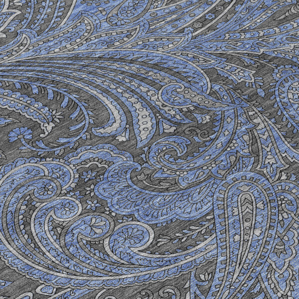 9' X 12' Charcoal Gray And Blue Paisley Washable Indoor Outdoor Area Rug
