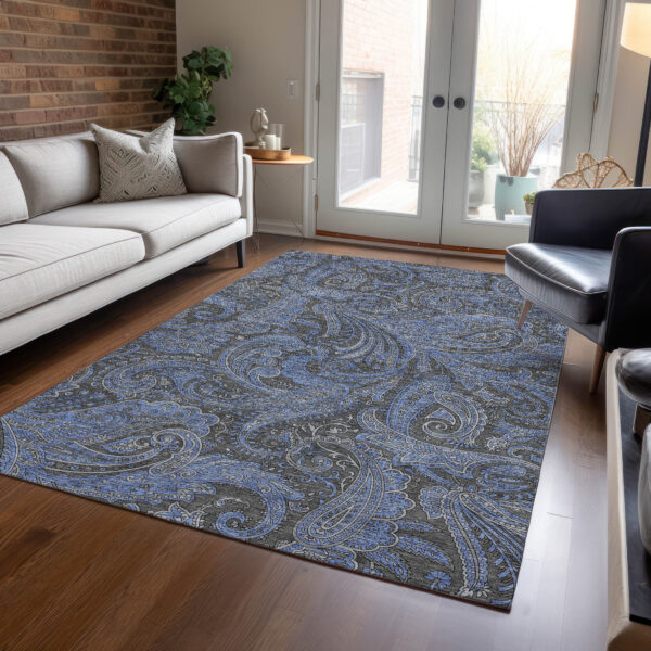 9' X 12' Charcoal Gray And Blue Paisley Washable Indoor Outdoor Area Rug