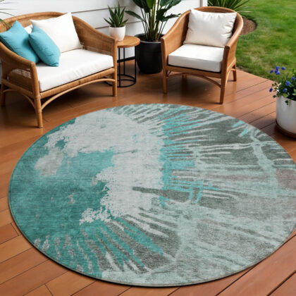 8' Dark Green Aqua And Gray Round Abstract Washable Indoor Outdoor Area Rug