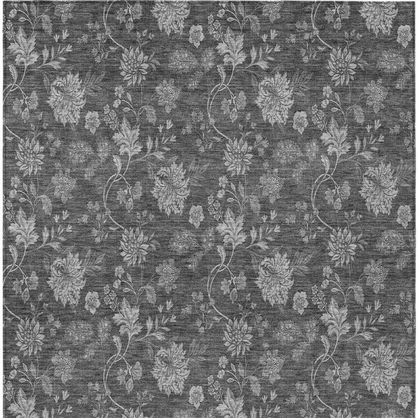 9' X 12' Gray Charcoal And Silver Floral Washable Indoor Outdoor Area Rug