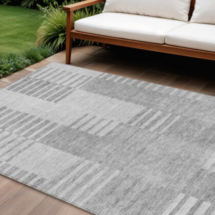 9' X 12' Silver Gray And Ivory Striped Washable Indoor Outdoor Area Rug