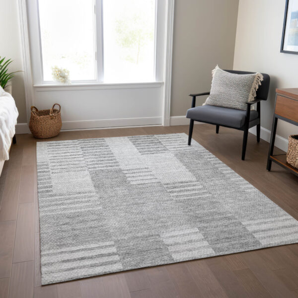 9' X 12' Silver Gray And Ivory Striped Washable Indoor Outdoor Area Rug