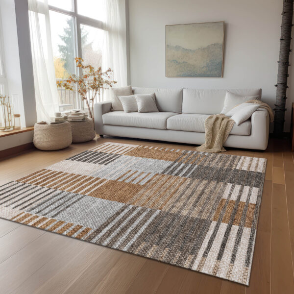 3' X 5' Chocolate And Gray Striped Washable Indoor Outdoor Area Rug