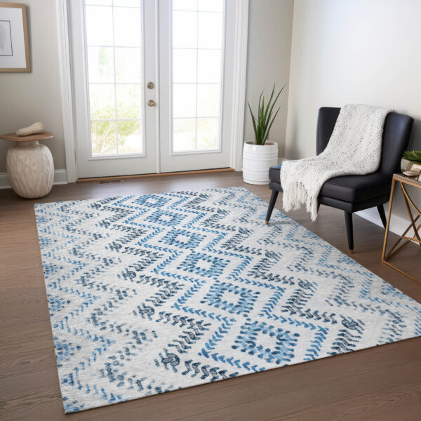 10' X 14' Navy Blue And Denim Blue Geometric Washable Indoor Outdoor Area Rug