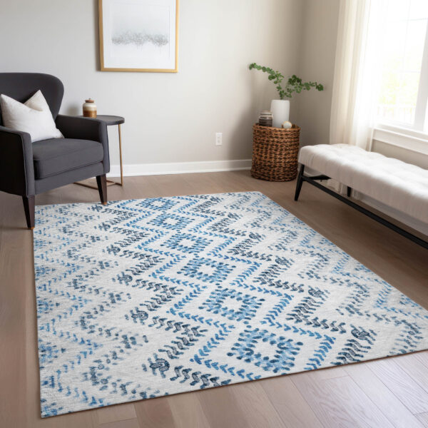 10' X 14' Navy Blue And Denim Blue Geometric Washable Indoor Outdoor Area Rug