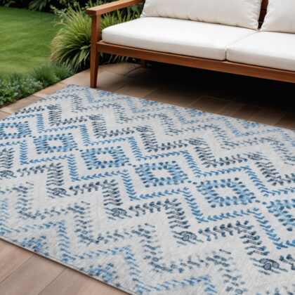 10' X 14' Navy Blue And Denim Blue Geometric Washable Indoor Outdoor Area Rug