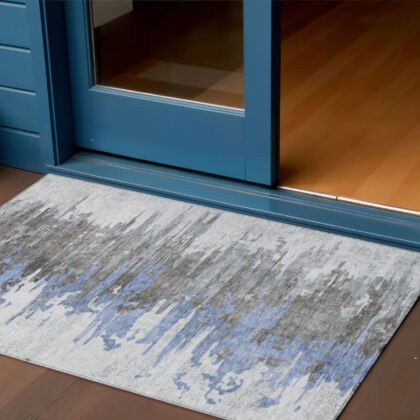 3' X 5' Blue Gray And Silver Abstract Washable Indoor Outdoor Area Rug