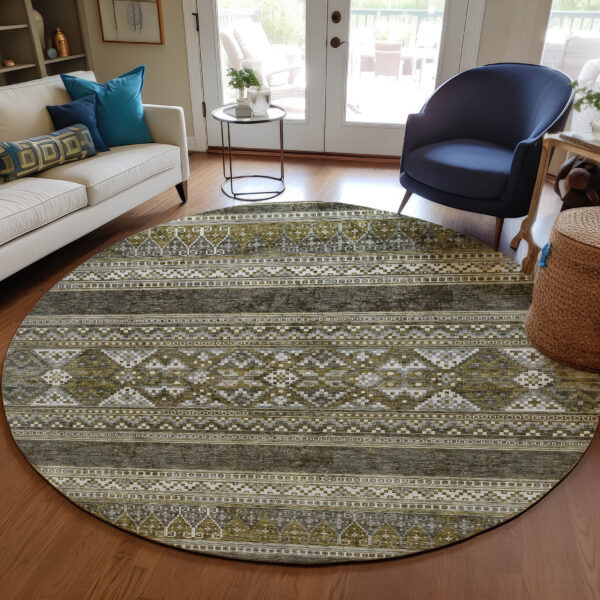 8' Taupe Beige And Ivory Round Southwestern Washable Indoor Outdoor Area Rug