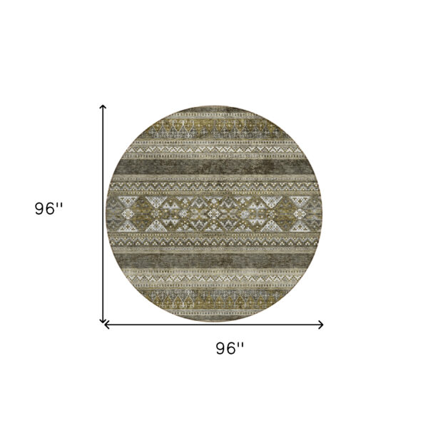 8' Taupe Beige And Ivory Round Southwestern Washable Indoor Outdoor Area Rug
