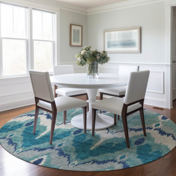 8' Teal Blue Navy Blue And Ivory Round Ikat Washable Indoor Outdoor Area Rug
