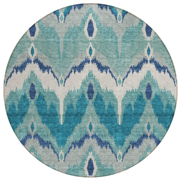 8' Teal Blue Navy Blue And Ivory Round Ikat Washable Indoor Outdoor Area Rug