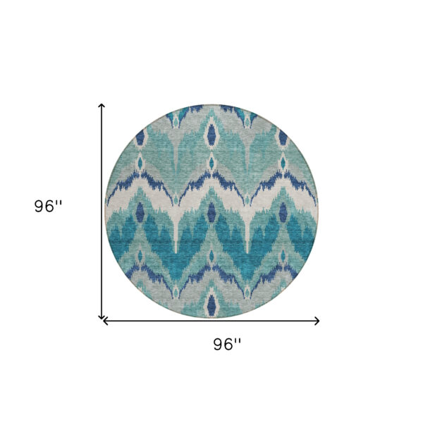 8' Teal Blue Navy Blue And Ivory Round Ikat Washable Indoor Outdoor Area Rug