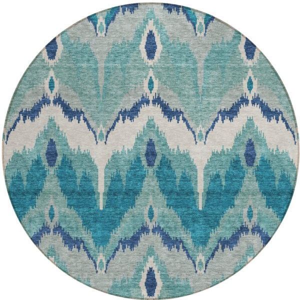8' Teal Blue Navy Blue And Ivory Round Ikat Washable Indoor Outdoor Area Rug