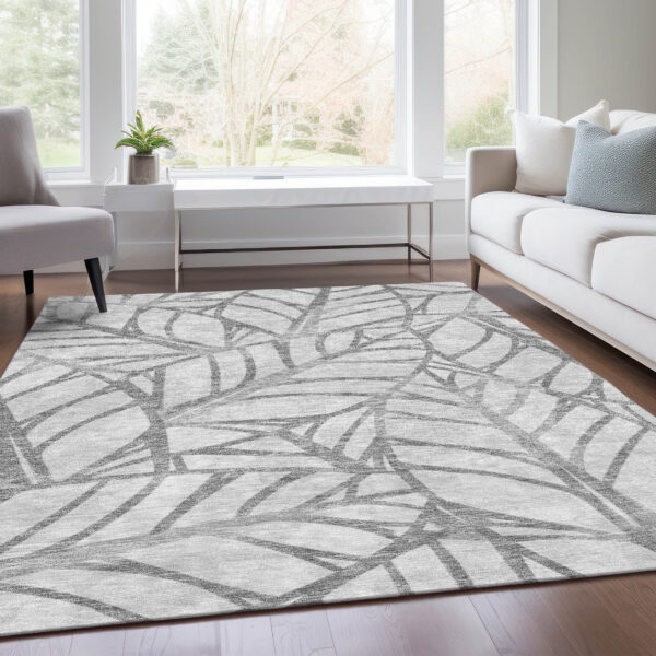 9' X 12' Gray And Silver Floral Washable Indoor Outdoor Area Rug
