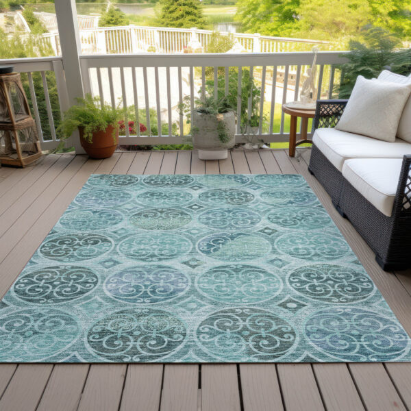 9' X 12' Teal Blue And Aqua Trellis Washable Indoor Outdoor Area Rug