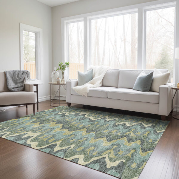 3' X 5' Sage And Artichoke Green Abstract Washable Indoor Outdoor Area Rug