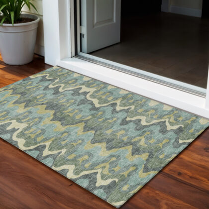 3' X 5' Sage And Artichoke Green Abstract Washable Indoor Outdoor Area Rug