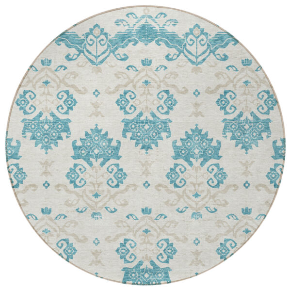 8' Teal Blue Silver And Gray Round Oriental Washable Indoor Outdoor Area Rug