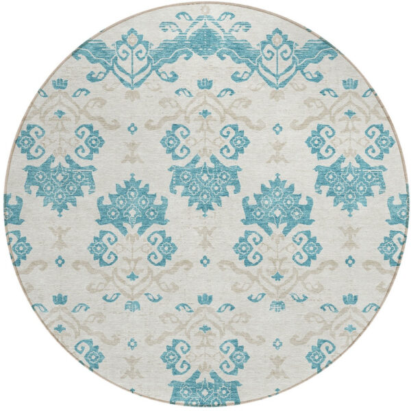 8' Teal Blue Silver And Gray Round Oriental Washable Indoor Outdoor Area Rug