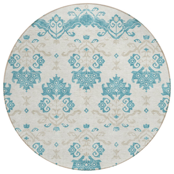 8' Teal Blue Silver And Gray Round Oriental Washable Indoor Outdoor Area Rug