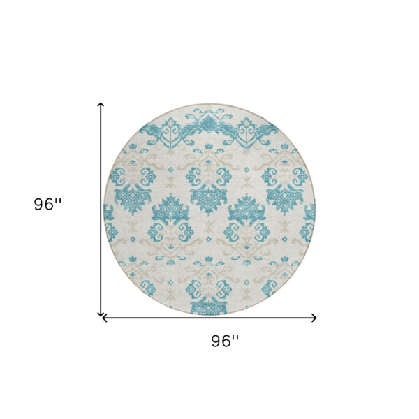 8' Teal Blue Silver And Gray Round Oriental Washable Indoor Outdoor Area Rug