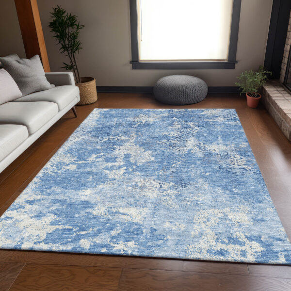 3' X 5' Denim Blue And Sky Blue Floral Washable Indoor Outdoor Area Rug