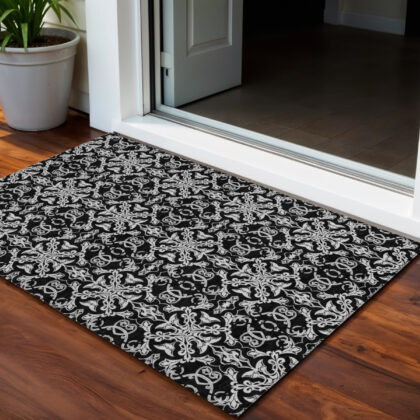 3' X 5' Ivory And Black Medallion Washable Indoor Outdoor Area Rug