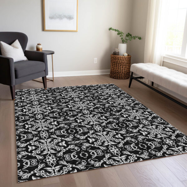 3' X 5' Ivory And Black Medallion Washable Indoor Outdoor Area Rug