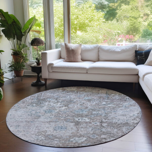 8' Brown And Blue Round Oriental Washable Indoor Outdoor Area Rug