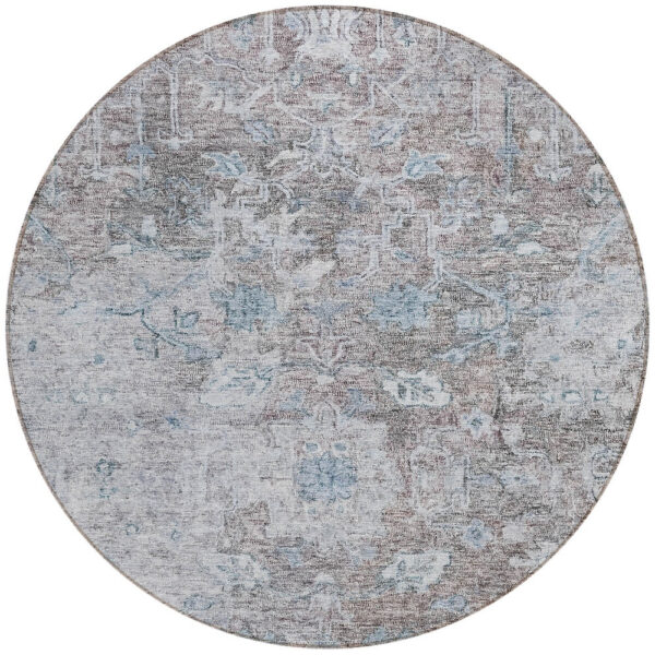 8' Brown And Blue Round Oriental Washable Indoor Outdoor Area Rug