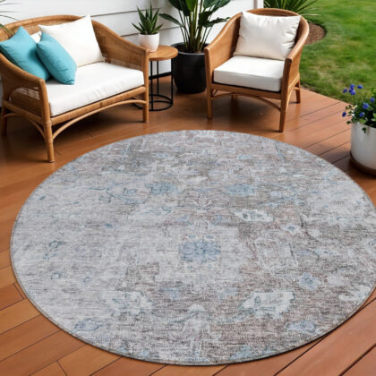 8' Brown And Blue Round Oriental Washable Indoor Outdoor Area Rug