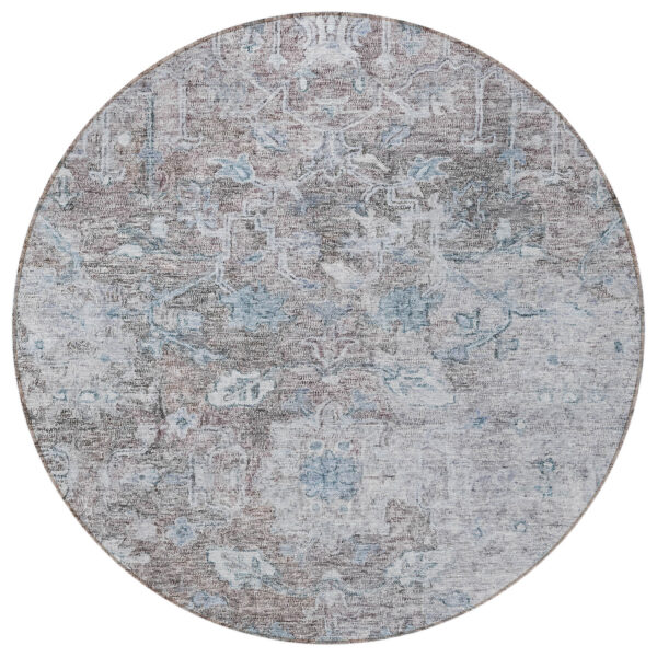 8' Brown And Blue Round Oriental Washable Indoor Outdoor Area Rug
