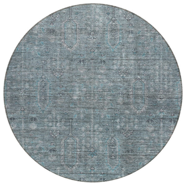 8' Teal Blue And Gray Round Southwestern Washable Indoor Outdoor Area Rug
